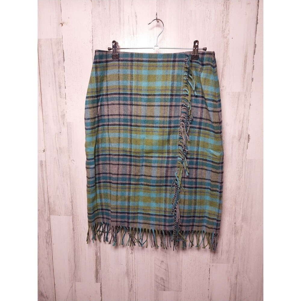 J Jill Womens Plaid Fringe Skirt Faux Wrap Size 8P Wool Blend Old Money Preppy